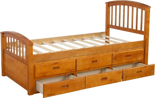 Vista 6 de Cama de almacenamiento con plataforma de madera de tamaño individual con 6 cajones, muebles de dormitorio para niños (roble)