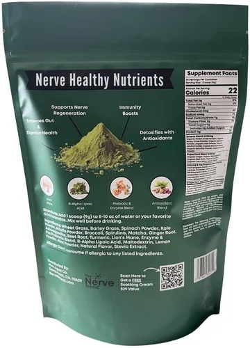 Vista 2 de Mezcla de superalimentos para neuropatía en polvo de verduras de The Nerve Brand para neuropatía periférica con 600 mg de ácido R alfa lipoico