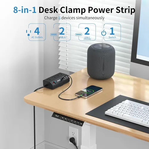 Vista 3 de JXGUCAT - Regleta de alimentación con abrazadera de escritorio de 10 pies con PD de 20 W de carga rápida USB C, protector de sobretensiones de Negro