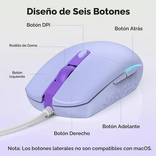 Vista 7 de TECKNET Ratón con cable con retroiluminación RGB, ratón de tamaño completo Púrpura