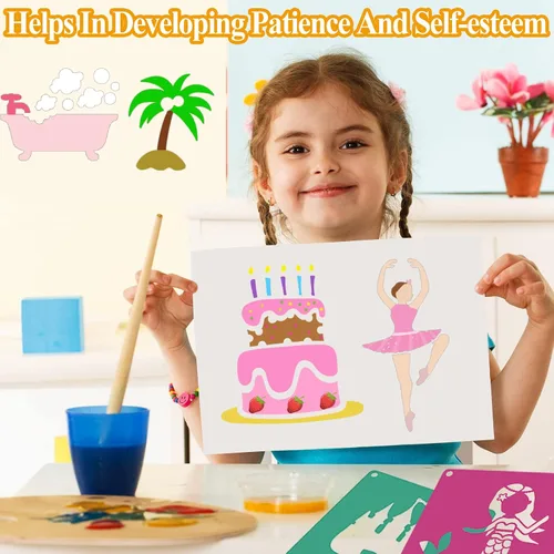 Vista 5 de LanMa 30 plantillas de dibujo para niños y niñas, plantillas coloridas de pintura de plástico de 8 x 8 pulgadas, tiza para acera