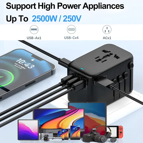 Vista 5 de JMFONE Adaptador de viaje universal con GaN 100W, adaptador de enchufe de corriente internacional de 5 puertos [4*USB C+1*USB A] y múltiples tomas