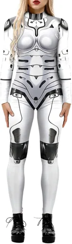 Vista 27 de Enterizo de mujer con estampado de esqueleto de robot mecánico 3D para Halloween, disfraz de cosplay
