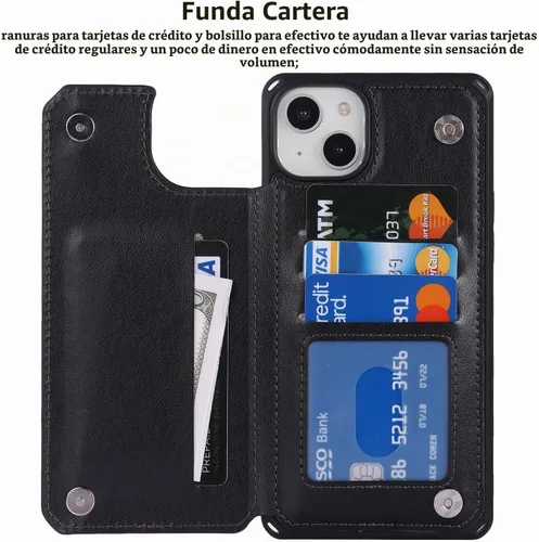 Vista 5 de iCoverCase Funda compatible con iPhone 14 Plus con tarjetero para mujer, bloqueo RFID en relieve, piel sintética con correa de muñeca de 6.7 H-Negro