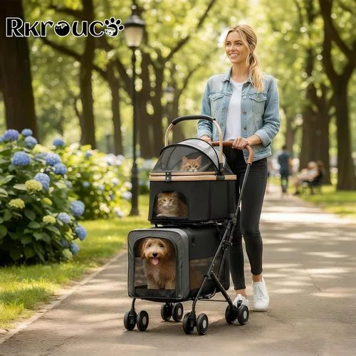 Vista 9 de Cochecito plegable doble para mascotas para perros, cochecitos portátiles para gatos para mascotas pequeñas y medianas con transportadores Negro