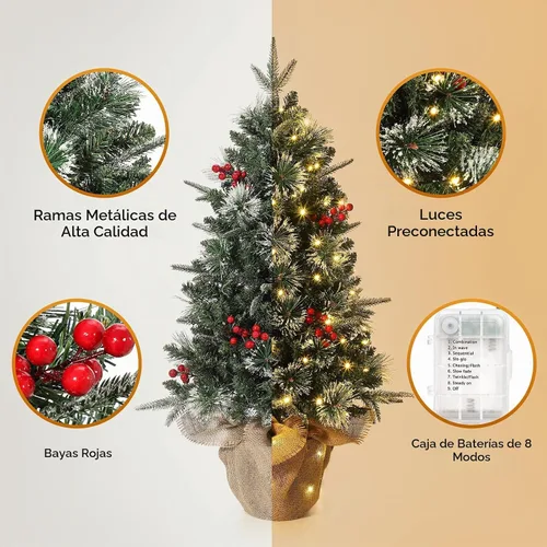 Vista 4 de GarveeHome Mini árbol de Navidad artificial preiluminado de 3 pies para mesa, árbol de Navidad con 85 luces LED blancas cálidas, base de bolsa