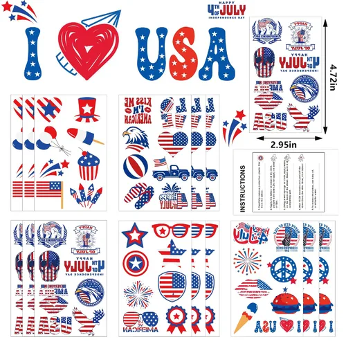 Vista 2 de Trajes para mujer del 4 de julio, paquete de 120 tatuajes patrióticos de bandera de Estados Unidos, color rojo, blanco y azul, suministros