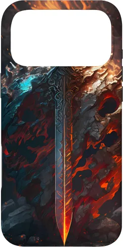 Vista 22 de Espada flameante y escudo el símbolo del guerrero Funda para iPhone 16