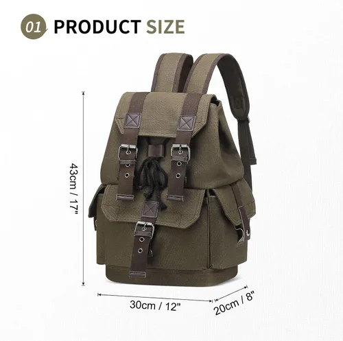 Vista 3 de Mochila de lona vintage para hombres y mujeres, mochila casual duradera, mochila de viaje de gran capacidad para senderismo y uso diario (verde)