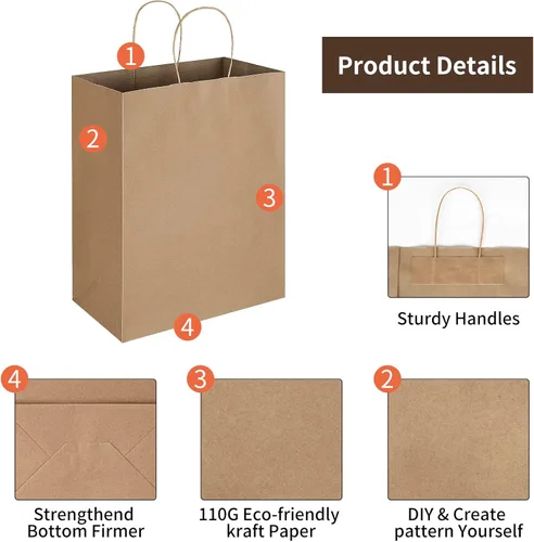 Vista 3 de Oikss - Paquete de 50 bolsas de papel kraft marrón natural con asas, tamaño grande, 10x5x13, para regalos de cumpleaños, compras al por menor