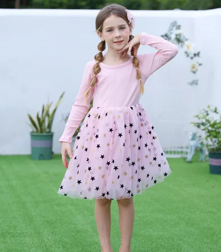 Vista 2 de Vestidos de manga larga tutú para niña, vestido de tul esponjoso para otoño, invierno, rosa y negro, vestidos de 4 a 8 años