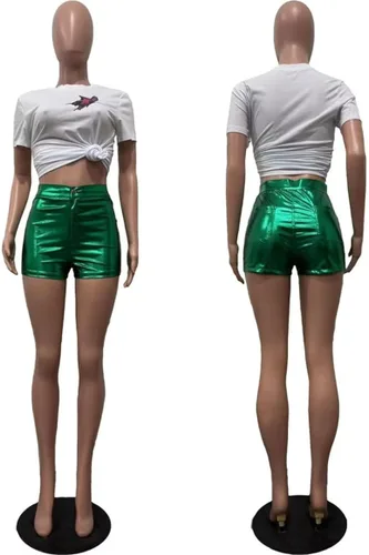 Vista 4 de Pantalones cortos de piel sintética para mujer, sexy, con volantes, para club, pantalones cortos metálicos, cintura alta