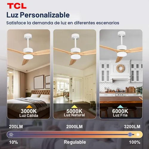 Vista 3 de TCL Ventilador de techo de madera natural de 52 pulgadas con luz y control