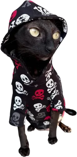Vista 2 de Sudadera con capucha de gato calaveras en negro 100% algodón para Sphynx y gatos desnudos (grande)