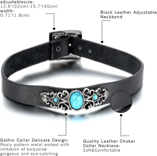 Vista 2 de Oidea Collar de San Valentín para mujer, gargantilla de cuero con hebilla ajustable antigua, collar de dije turquesa de imitación, con bolsa