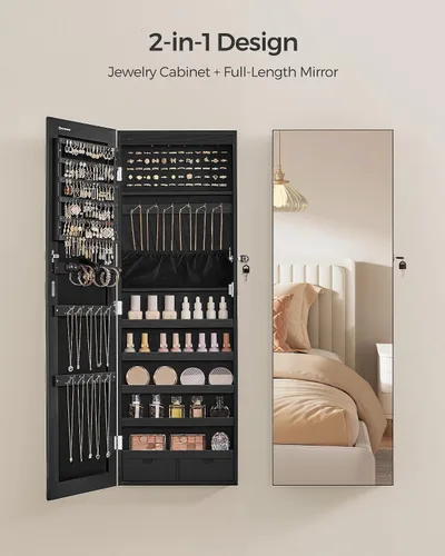 Vista 3 de SONGMICS Gabinete colgante de joyería, gabinete montado en la pared con luces interiores LED, organizador de joyas montado en la puerta, espejo