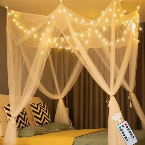 Vista 8 de Obrecis - Dosel de cama blanco con luces de estrella para niñas, cortinas de cama de princesa de 8 esquinas con 100 luces LED en forma de estrella