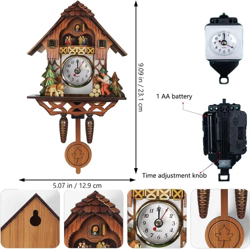 Vista 2 de Reloj de cuco, relojes de pared de madera, madera tradicional hecho a mano, estilo antiguo, retro, mecánico, cuco, péndulo, reloj de cuarzo