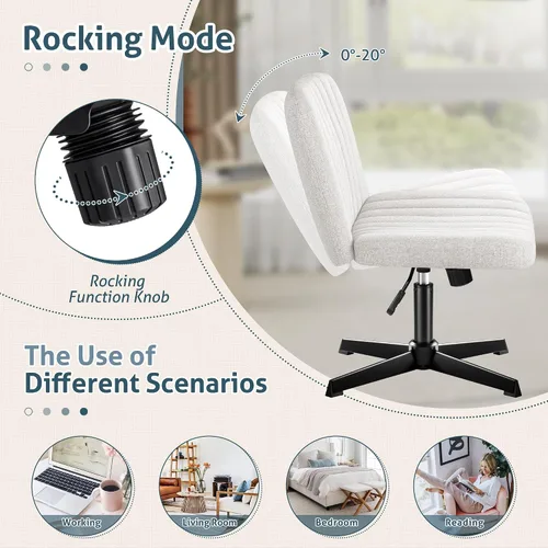 Vista 6 de Shahoo Silla de patas cruzadas con otomana, giratoria sin brazos, ancha, acolchada, moderna, altura ajustable, tela para oficina en casa, color beige