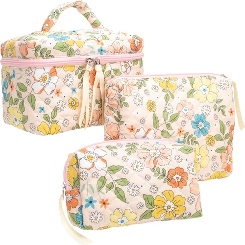 Vista 23 de PAZIMIIK - Bolsa de maquillaje de algodón para mujer, grande, acolchada para viaje, Rosa (Bow Pink), Vintage