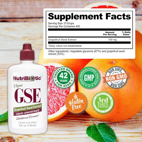 Vista 5 de NutriBiotic GSE, líquido de 4 onzas El extracto original de semilla de pomelo concentrado premium con bioflavonoides Vegano, sin gluten, sin OMG