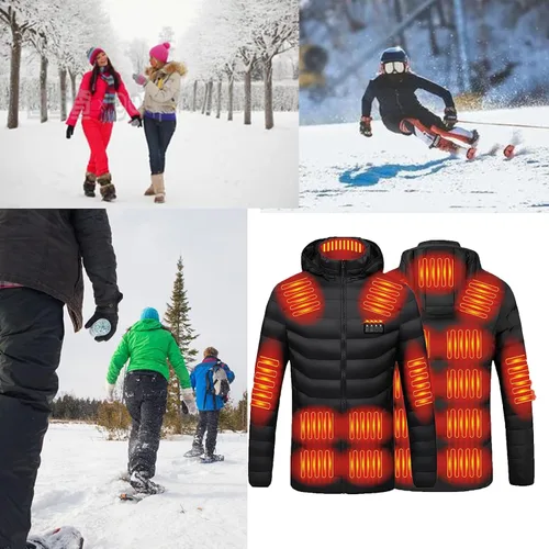 Vista 4 de Chaqueta térmica para hombres y mujeres, abrigo térmico con capucha, chaquetas cálidas, resistentes al viento, carga USB, calentador de cuerpo, 21