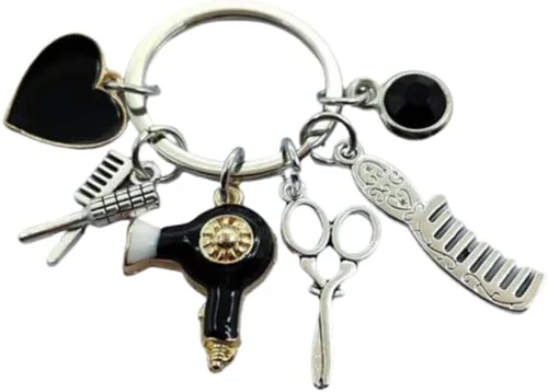 Vista 3 de Fuqimanman2020 Peine tijeras secador de pelo llavero con borla y diamante negro encanto peluquero estilista regalo joyería