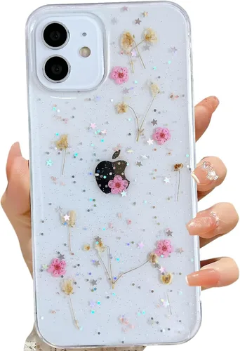 Vista 41 de LSEEKA Funda transparente para iPhone 11 con diseño de flores prensadas reales, linda y brillante, patrón floral rosa, funda protectora delgada