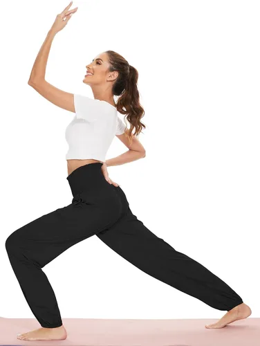 Vista 4 de UEU Pantalones tipo harén de baile de cintura alta con volantes fruncidos para mujer, con bolsillos, suaves, cómodos, pantalones de yoga, pijamas
