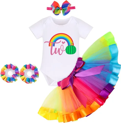 Vista 48 de IBAKOM Conjunto de ropa de 3 piezas para bebé niña de 1er cumpleaños + tutú de tul de princesa arcoíris + diadema con lazo, conjunto de ropa de 3