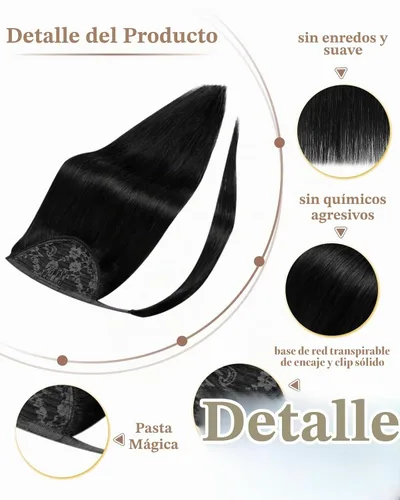 Vista 2 de Hetto Extensión de cola de caballo de cabello humano negro azabache Remy Clip envolvente seguro, mezcla invisible sin costuras, ligero, cómodo #1