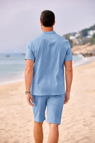 Vista 4 de COOFANDY Conjunto de 2 piezas de lino para hombre, camisas Henley casuales de manga corta, pantalones cortos de yoga para playa, pantalones cortos