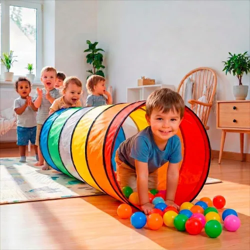 Vista 3 de Tienda de campaña de túnel de juego para niños pequeños, colorido juguete de túnel de gateo desplegable para bebés o mascotas, regalo plegable