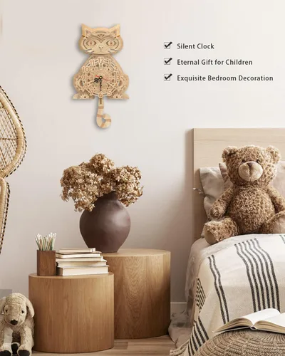 Vista 6 de Rompecabezas 3D para adultos Kit modelo Reloj Gato Reloj de madera para escritorio para niños Decoración para regalo de cumpleaños/Día de Navidad