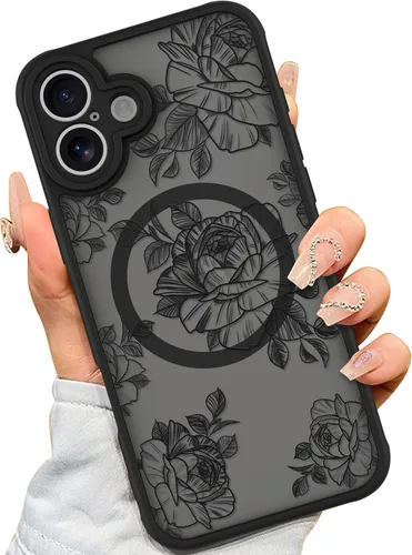 Vista 34 de AIGOMARA Magnetic Case for iPhone 16 Pro, Striped Floral - Black Black - Striped Floral