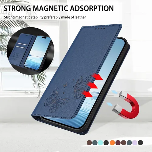 Vista 5 de Butterfly Embossed Leather Wallet Flip Case for Motorola Moto E22i 4G, Magnetic Closure, RFID Blocking Cover, Card Holder Blue.