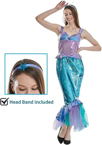 Vista 3 de ReneeCho Disfraz de sirena para mujer vestido de cola de sirena de Halloween disfraz de adulto