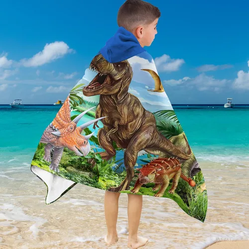 Vista 7 de Toalla con capucha de dinosaurio, toalla de playa de dinosaurio para niños de 30 x 50 pulgadas, microfibra T-Rex absorbente de secado rápido