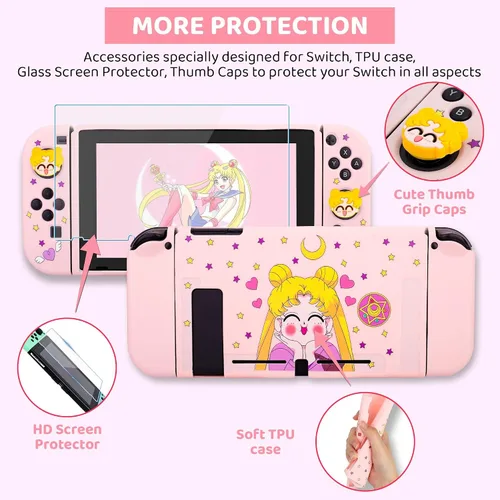 Vista 4 de Pink Carrying Case for Nintendo Switch, Anime Accessories Bundle Kit for Sailor Moon with Switch Travel Bag, Soft TPU Protective Cover, Screen