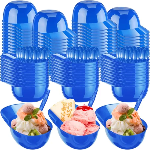 Vista 10 de Tanlade Juego de 100 cuencos para casco de béisbol con cucharas de 8 onzas, mini helado, postre y gorra de béisbol, cuencos de plástico para casco