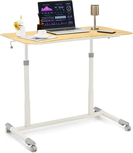 Vista 10 de COSTWAY Escritorio móvil de pie ajustable en altura, escritorio neumático compacto para computadora sentado a pie con ruedas bloqueables, mesa