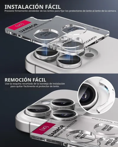 Vista 3 de UARMOR - Protector de lente de cámara para [iPhone 16 Pro y 16 Pro Max] 9H de vidrio templado y cubierta de aluminio, HD transparente, kit de fácil