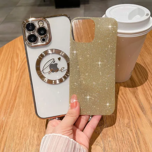 Vista 3 de Funda magnética con purpurina compatible con iPhone 11 Pro Max de 6.5 pulgadas, funda transparente de lujo, con diseño de corazón chapado en amor