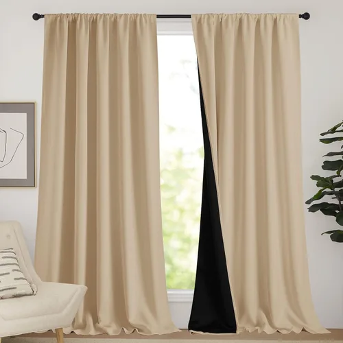 Vista 31 de NICETOWN Biscotti Beige 100% Cortinas opacas de 45" de largo para cocina, bolsillo con varilla para sótano completamente opaco, cortinas térmicas