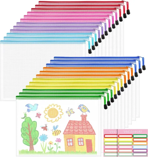 Vista 35 de 9 bolsas de malla con cremallera, tamaños A3, 9 colores, almacenamiento de juegos de mesa, viajes, escuela, organización de oficina