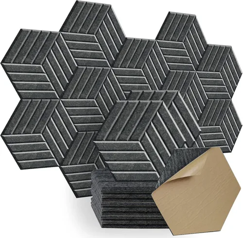 Vista 9 de SHJADE Paquete de 12 paneles acústicos autoadhesivos, 14" X 12" X 0.4" acolchado de alta densidad a prueba de sonido, aislamiento hexagonal a prueba