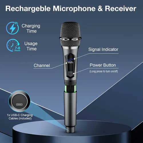 Vista 7 de Micrófono inalámbrico, sistema profesional de micrófono dinámico inalámbrico de mano dual con receptor recargable, juego de micrófono de karaoke