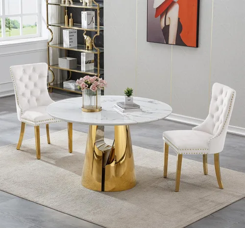 Vista 12 de SSLine Mesa de comedor redonda de mármol sintético blanco para 4-6, mesa de Mesa de oro blanco
