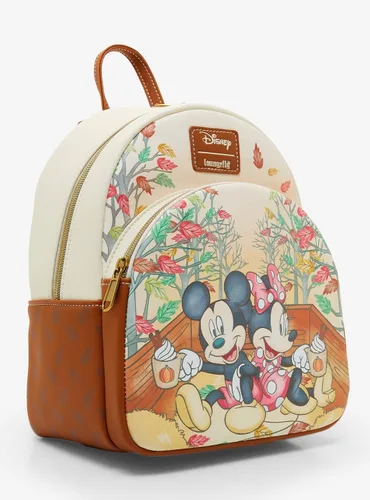 Vista 2 de Loungefly Disney Mickey Mouse y Minnie Mouse Fall Leaves Mini Mochila, Coñac, Moderno