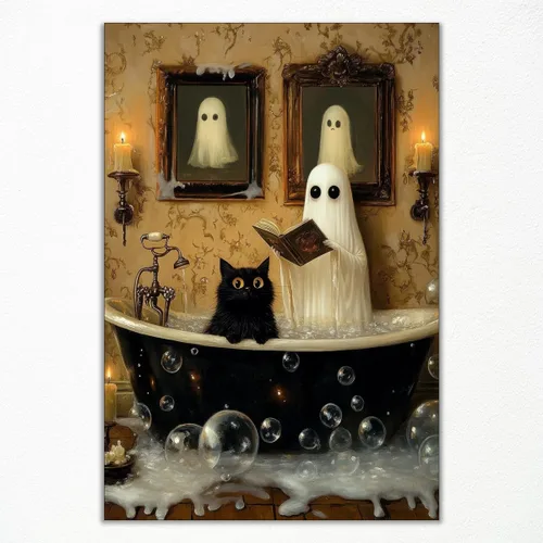 Vista 21 de Póster de fantasma y gato negro en la bañera, arte de pared en lienzo de Halloween de Whimsigoth, pintura de fantasmas y flores, imagen espeluznante
